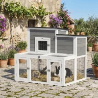 PawHut Clapier Lapin Extérieur en Bois Cage à Lapin Intérieur Double Toit Ouvrant Imperméable 2 Niveaux avec Enclos Gris(m-10)