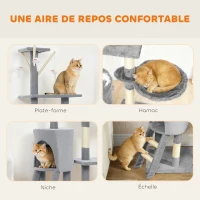 PawHut Arbre à Chat Tour de Jeux pour Chats Stable Multi-Niveaux avec Niche 3 Plate-Formes Hamac 60x35x134cm Gris(m-5)