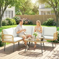 Outsunny Polyrattan Tuinmeubelset 4-delig, Loungeset met Hoekbank Tweezitsbank Glazen Tafel Afneembare Kussens voor 5 Personen(m-8)