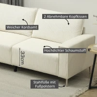 HOMCOM Moderne 3-zitsbank, zachte bank met rugkussens, gestoffeerde bank voor woonkamer, slaapkamer, homeoffice, Crèmewit(m-5)