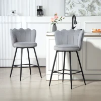HOMCOM Set of Two Velvet-Feel Lotus Bar Stools - Grey(m-10)
