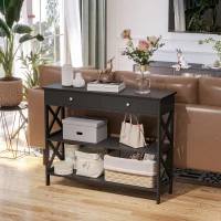 HOMCOM Console Table Side Desk w/ Shelves Drawers Open Top X Support Frame Living Room Hallway Home Office Furniture Black(m-7)