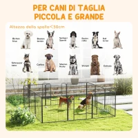 PawHut Recinto per Cani a 12 Pannelli Modulabili da 80x1.5x80 cm, Pieghevole con Porta in Acciaio, 12 Picchetti, Grigio(m-5)