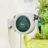 Outsunny Retractable Hose Reel Wall Mounted, 30+2m Garden Hose Pipe Reel with Lock, Auto Rewind, 7 in 1 Spray Nozzle, Includes Wall Fixings, 180° Swivel, Outdoor Watering, 59 x 23 x 42 cm, Grey(m-9)