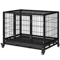 PawHut 36" Heavy Duty Metal Dog Crate Pet Cage with Tray Wheeled Dog Kennel - Black (Medium)(m-10)