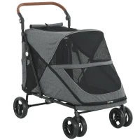 PawHut Carrito para Perros Plegable con un Botón hasta 30 kg con Suspensión en 4 Ruedas Giratorio y Freno de Pie Gris(m-1)