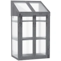 Outsunny Wooden Cold Frame Polycarbonate Greenhouse with Openable Top Cover and Double Door, Grow House for Flower, Vegetable and Plants, 70 x 50 x 120cm, Grey(m-1)