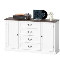 HOMCOM Credenza da Cucina Stile Vintage con 4 Cassetti e 2 Armadietti con Mensole Regolabili, 147x40x87, Legno Bianco(m-11)