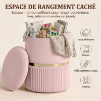 HOMCOM Pouf tabouret repose-pied coffre de rangement en velours côtelé 36 x 36 x 44 cm pour salon chambre rose(m-4)
