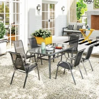 Outsunny Juego de Mesa y 6 Sillas para Terraza con Orificio para Sombrilla y Encimera de Cristal para Terraza Patio Gris(m-9)