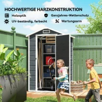 Outsunny Gerätehaus 1,1 m² Geräteschuppen mit Holzoptik Fenster Satteldach Belüftung Boden Schloss Handschuhe Grau(m-8)