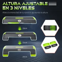 HOMCOM Plataforma Step para Deporte y Gimnasia con Altura Regulable en 10/15/20 cm Carga 150 kg 78x28x20 cm Gris y Verde(m-5)
