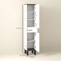 HOMCOM Armario Alto de Baño con Cajón 2 Puertas y Estantes Ajustable Mueble Auxiliar de Baño Anti-vuelco 34x32x170 cm Blanco(m-3)