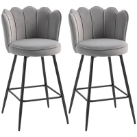HOMCOM Set of Two Velvet-Feel Lotus Bar Stools - Grey(m-1)