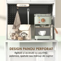 HOMCOM Dulap pentru Microunde cu Dulap, Blat de Lucru, Mobilă de Bucătărie cu 2 Sertare, Panou Metalic, 4 Cârlige, Raft Reglabil pentru Bucătărie, Sală de Masă, Living, Alb(m-5)
