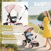 AIYAPLAY Triciclo per Bambini 6 in 1 con Maniglione di Spinta e Sedile Girevole, 111.5x52x98 cm, Rosa(m-4)