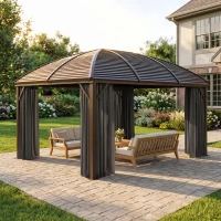 Outsunny 3 x 4m Hardtop Gazebo Canopy with Metal Roof, Aluminium Gazebo Permanent Pavilion with Netting and Curtains, Dark Grey(m-9)