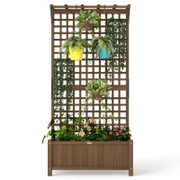 Outsunny Jardinieră Ridicată pentru Exterior cu Spalier și Bară Superioară, Jardinieră din Lemn de Brad cu Găuri de Drenaj pentru Flori și Legume, pentru Grădină și Balcon, Cafeniu Întunecat(m-12)