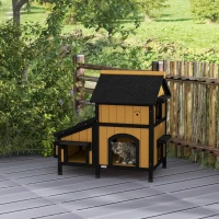 PawHut Wooden Cat House with Flower Pot, Windows, Multiple Entrances, Water-Resistant Roof for Outdoor - Yellow(m-10)
