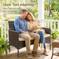 Outsunny 2-Sitzer Rattan Gartensofa PE-Rattan Outdoor-Terrassen-Sofa mit Polster, Anti-Rutsch-Matten, Stahlrahmen, Khaki(m-8)