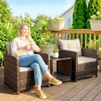 Outsunny Rattan Bistro Set, 3 Piece Garden Furniture Set with 2 Tier Glass Top Table and Cushions, Mixed Brown(m-2)
