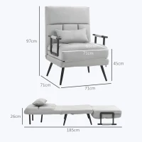 HOMCOM Fauteuil convertible 3 en 1 lit 1 place dossier inclinable 5 positions, accoudoirs et coussin, tissu effet velours, gris(m-3)