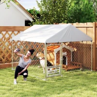 PawHut Perrera de Acero Galvanizado con Toldo Resistente y Estación de Alimentación para Perros 200x200x154 cm Plata(m-10)
