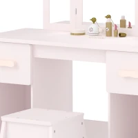 AIYAPLAY Kinderkaptafel, 2-in-1 kinderkaptafel en bureau met kruk, 2 lades, 2 kastjes en afneembare spiegel, roze(m-11)
