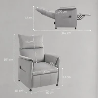 HOMCOM Fotoliu Electric Rabatabil cu Telecomandă și Suport pentru Picioare, din Țesătură cu Aspect de Catifea, 80x83x104 cm, Gri(m-3)