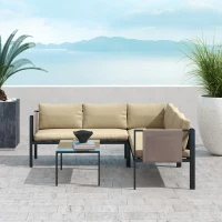 Outsunny 5 Seater Garden Corner Sofa Set, 4 Pieces Metal Garden Furniture Set with Loveseats, Glass Top Coffee Table, Breathable Mesh Pocket, Outdoor Conversation Furniture with Cushions, Khaki(m-10)