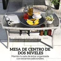 Outsunny Mesa de Jardín Exterior Rectangular de Ratán con Estante Tablero de Vidrio Templado con Ondas 90x50x45 cm Gris Oscuro(m-4)