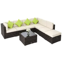 Outsunny 7-Seater PE Rattan Corner Sofa Set, Garden Furniture Set, Patio Wicker Sofa Seater w/ Cushion, Washable Cushion Cover & Tempered Glass Table, Brown(m-10)