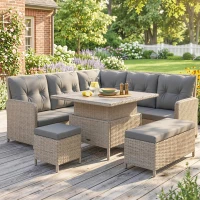 Outsunny 7 Seater Rattan Garden Furniture Set, 6 Piece Patio Dining Set with Liftable Coffee Table and Soft Padded Cushion, Wicker Sectional Conversation Corner Sofa, 123 x 55 x 84 cm, Light Grey(m-9)