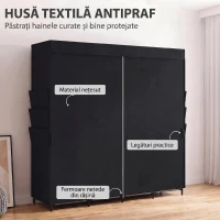 HOMCOM Dulap Textil Compact cu 5 Bare, 4 Rafturi, 6 Buzunare Laterale, Uși Antipraf cu Fermoar, Negru(m-5)
