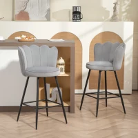 HOMCOM Set of Two Velvet-Feel Lotus Bar Stools - Grey(m-2)