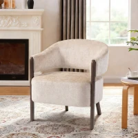 HOMCOM Poltrona da Camera Rivestita in Ciniglia con Struttura e Gambe in Legno Massello, Beige(m-10)