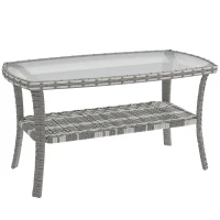Outsunny Mesa de Jardín Exterior Rectangular de Ratán con Estante Tablero de Vidrio Templado con Ondas 90x50x45 cm Gris Oscuro(m-1)