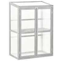 Outsunny Wooden Cold Frame Greenhouse Polycarbonate Garden Grow House for Flower Vegetable Plants with Adjustable Shelf, Double Doors, 76 x 47 x 110cm, Light Grey(m-1)