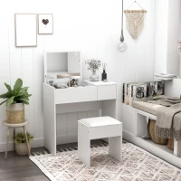 HOMCOM Coiffeuse Table de Maquillage Design Contemporain 80L x 40l x 79H cm Miroir escamotable, tiroir, Coffre + Tabouret Blanc(m-10)