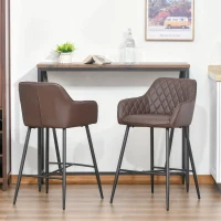 HOMCOM Set of 2 Bar stools Retro PU Leather Bar Chairs w/ Footrest Metal Frame Comfort Support Stylish Dining Seating Home Brown(m-7)