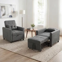HOMCOM Fotoliu Pat Single 3 în 1 din Material Textil Tip In și Lemn cu Spătar Reclinabil, Pernă, Buzunare, Gri(m-9)