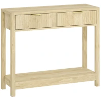 HOMCOM Console meuble 90 cm, table console étroite avec 2 tiroirs rainurés et étagère, style moderne, bois naturel(m-1)