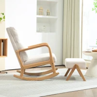 HOMCOM Schommelstoel met Kruk, Zachte Bekleding, Linnenlook, Houten Frame, Crèmewit(m-7)