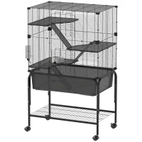 PawHut Jaula para Animales Pequeños de 4 Niveles con Ruedas Bandeja Profunda Rampas Plataformas y Comedero 73x47x123 cm Negro(m-11)