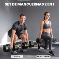 SPORTNOW Kit de Mancuernas 30kg 2 en 1 con Barra de Pesas Mango Antideslizante para Entrenamiento de Fuerza Negro Verde(m-4)