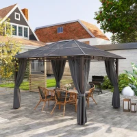 Outsunny 3 x 3.6m Hardtop Gazebo Canopy with Polycarbonate Roof Garden Pavilion with Removable Curtains and Steel Frame, Dark Grey(m-11)