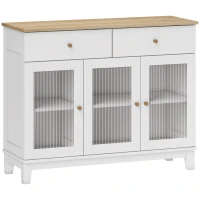 HOMCOM Bufet de Bucătărie cu 2 Sertare și 2 Dulapuri cu Uși din Sticlă, din Lemn, 100x35x80,3 cm, Alb și Stejar(m-1)