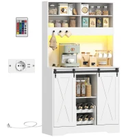 HOMCOM Bufet Bucătărie cu Prize Electrice, Lumină LED, Suport pentru Sticle și Uși Glisante, 100x38x180 cm, Alb(m-11)