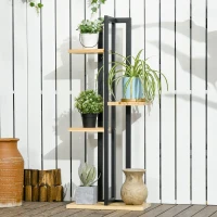 Outsunny 4-Laags Verstelbare Plantenstandaard, 110 cm Hoog Bloemenrek voor Binnen en Buiten van Hout Zwart+Natuurhout(m-2)
