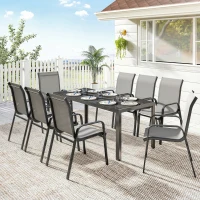 Outsunny Set da Esterno 9pz con 8 Sedie Impilabili in Texteline e Tavolino da Caffè con Piano in Vetro, Grigio Chiaro(m-10)